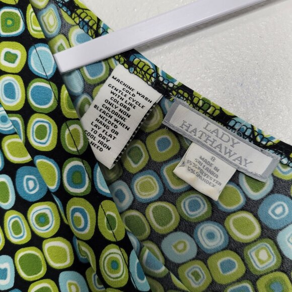 Vintage 90s y2k green blue geometric print mod 70s vibe v neck midi dress size 8 - Picture 4 of 6